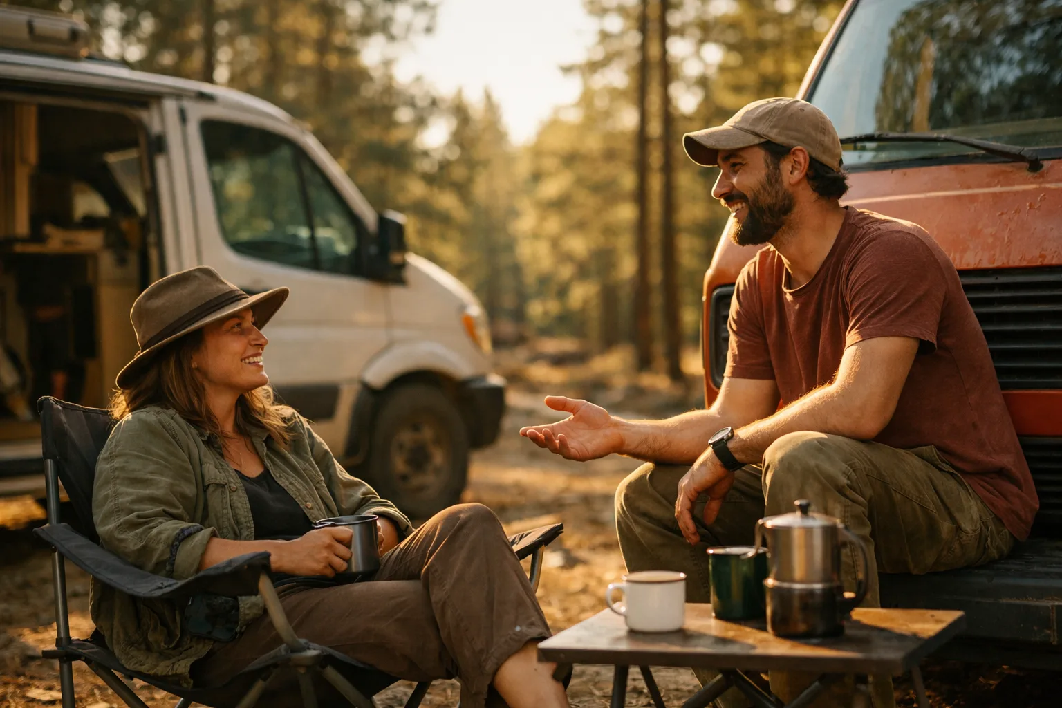 Two nomads chatting between their vans in a forest campsite with camp chairs set up