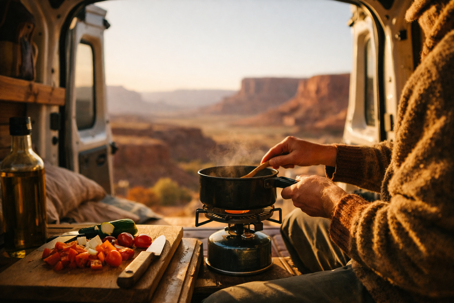 Nomad cooking a meal in the back of a camper van with the doors open to a scenic overlook