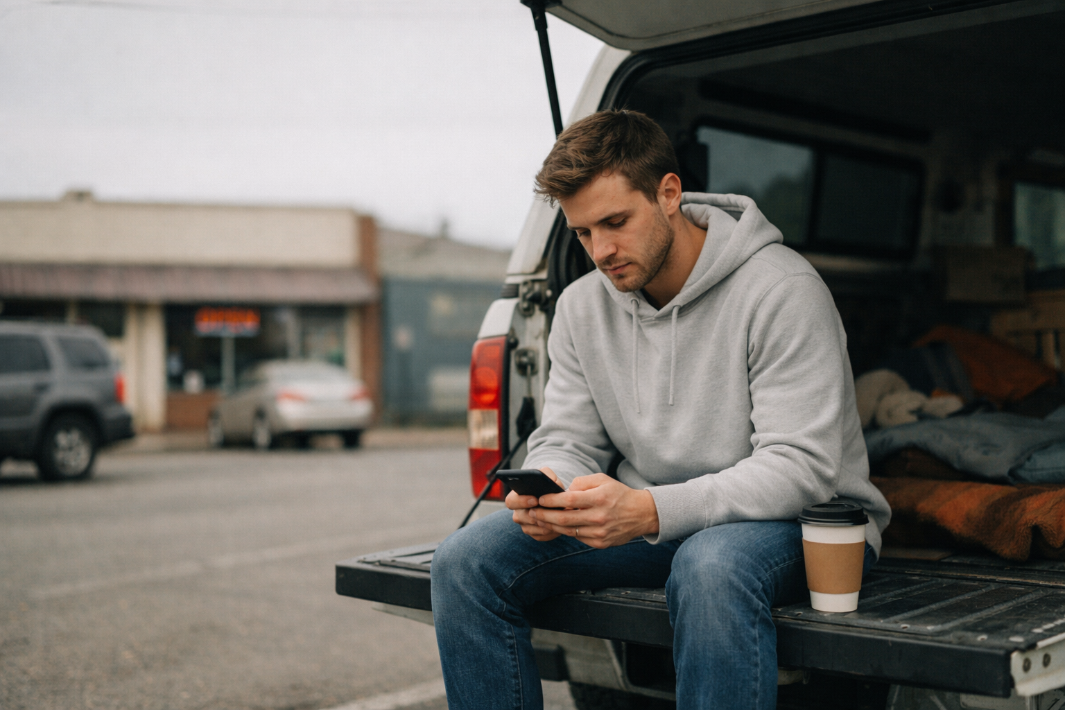 Nomad sitting alone on a curb next to their van in a quiet town, looking contemplative