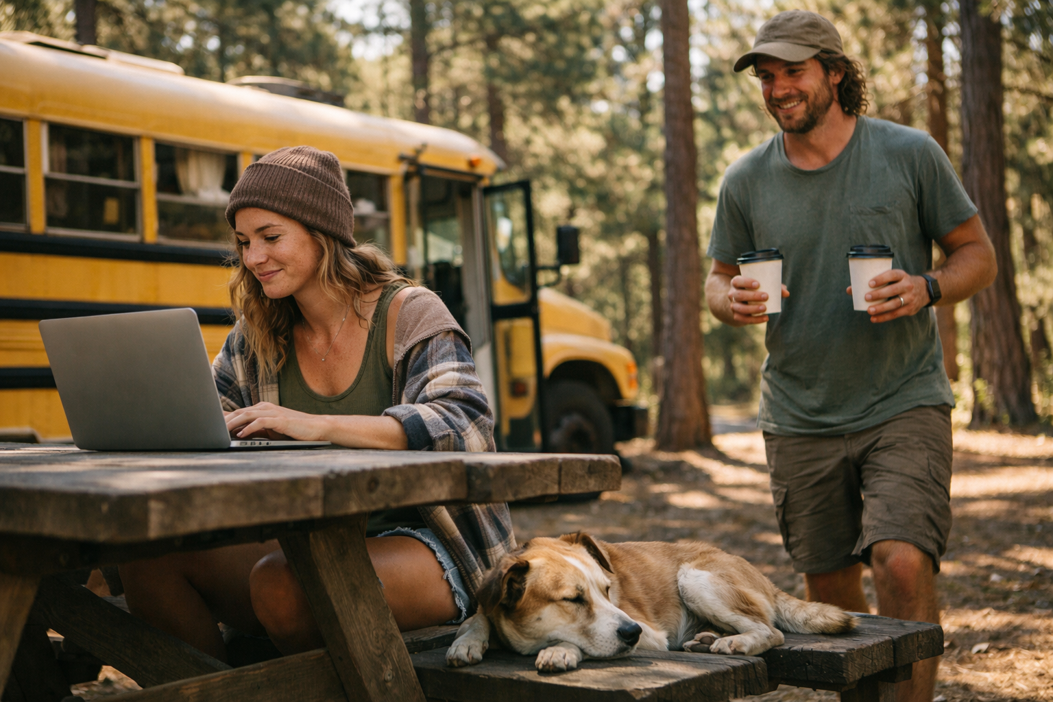 Nomad working on a laptop outside her school bus while a friend brings coffee