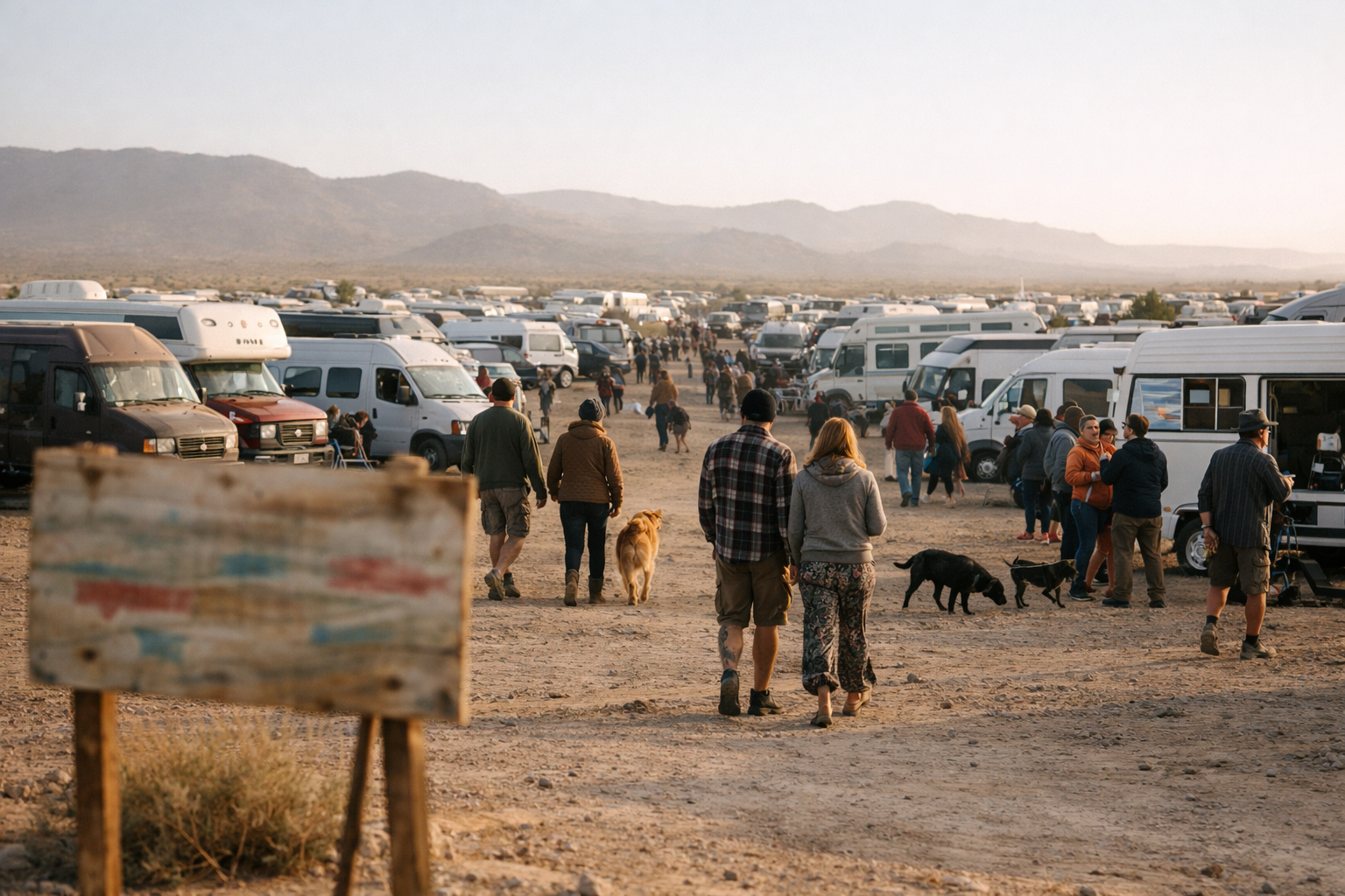 Morning at a large van life gathering with dozens of converted vehicles