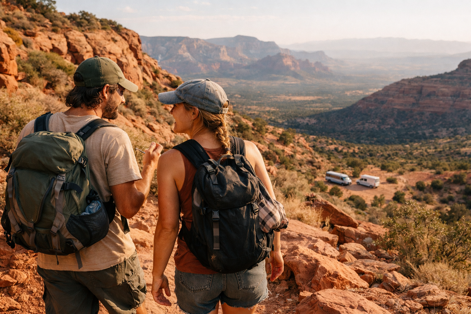 Two nomads hiking a red rock trail together