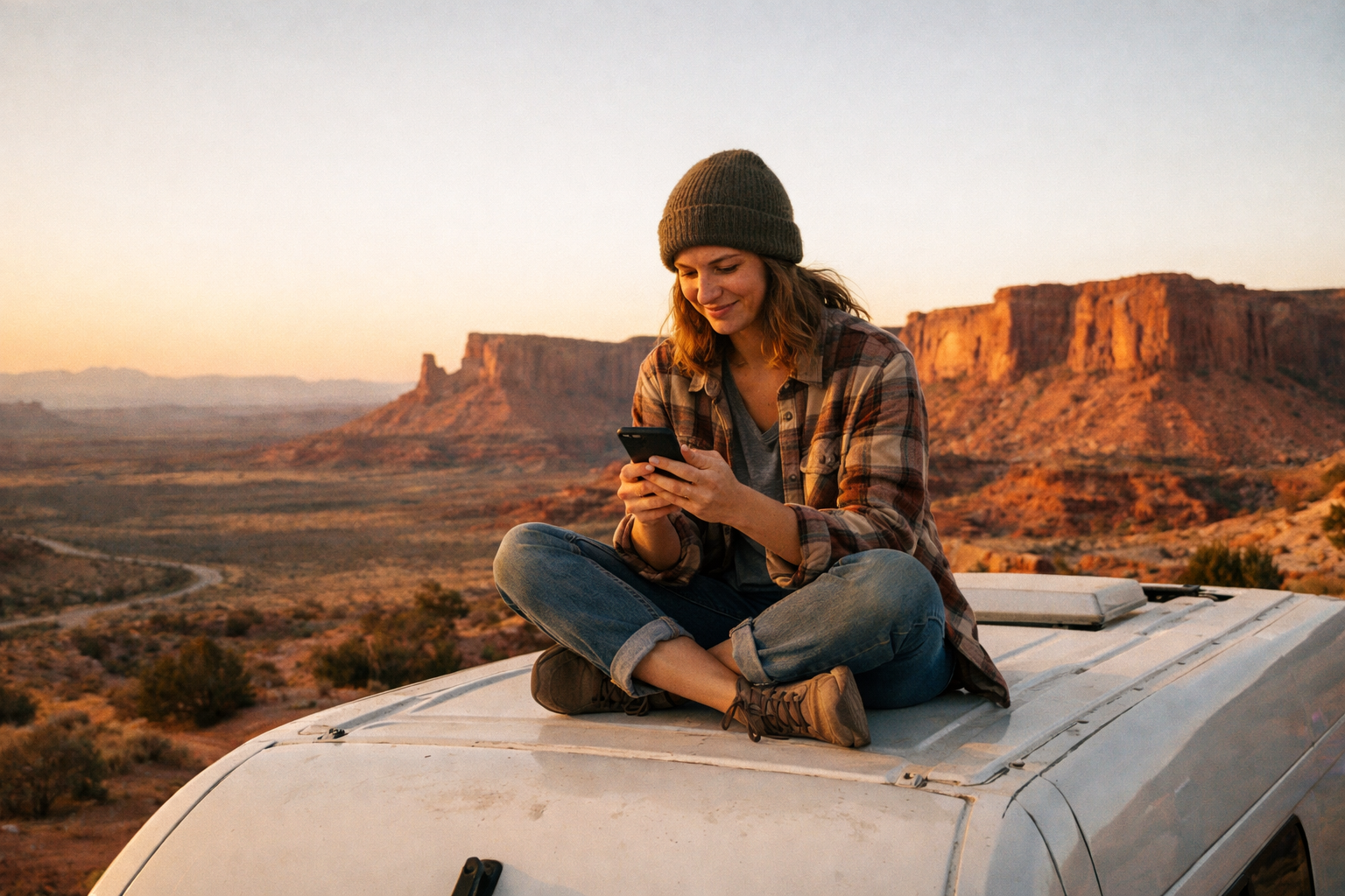 Nomad checking her phone on van roof at sunset