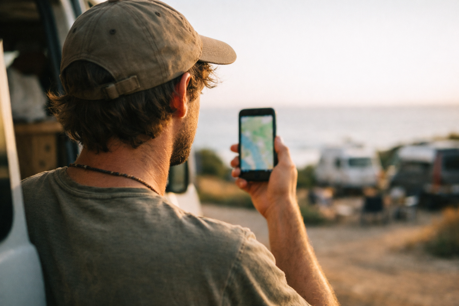 Nomad checking a map app on his phone at a coastal campsite