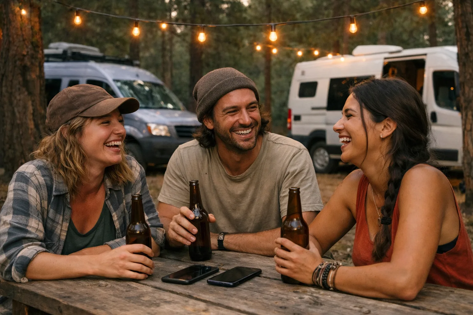 Three nomads laughing together at a campground picnic table