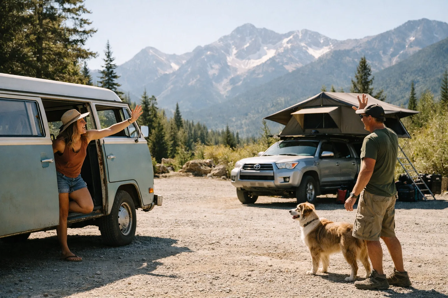 Two nomads waving to each other at a trailhead parking area