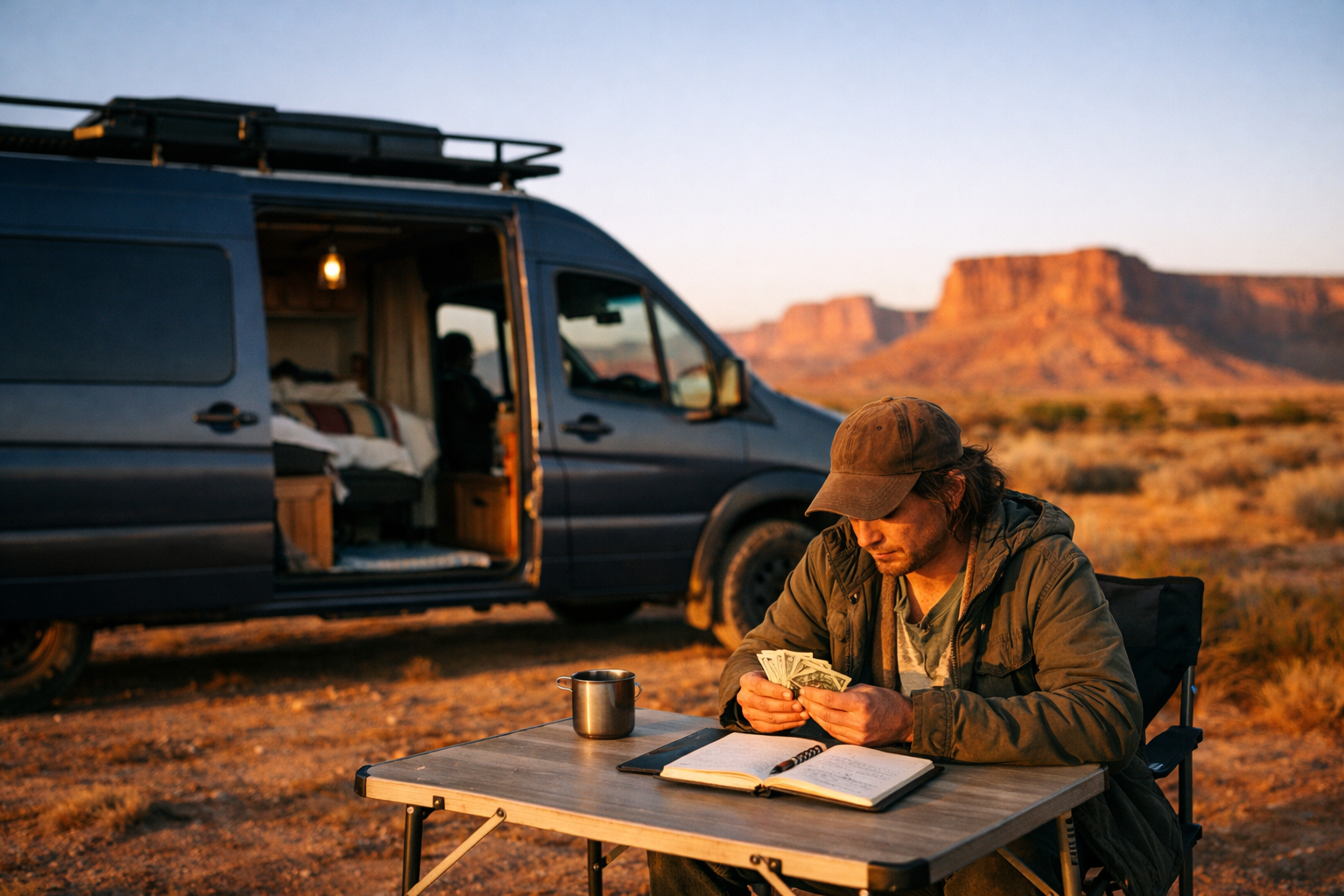 Van lifer reviewing expenses at a campsite