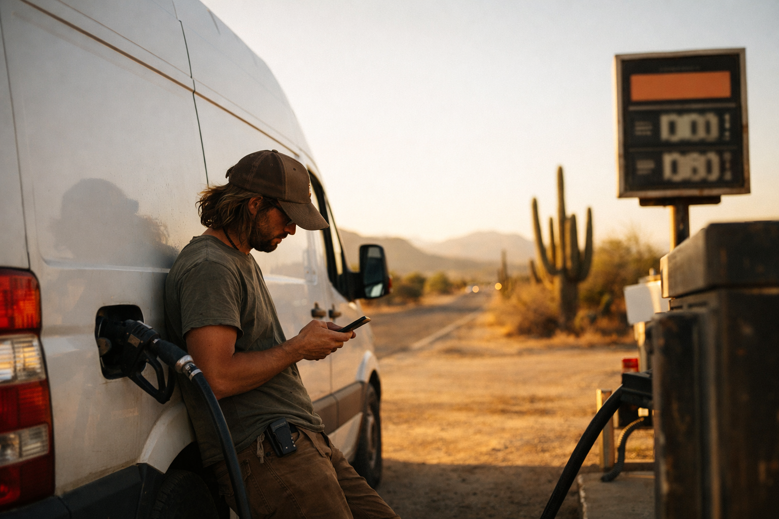 Nomad refueling a van at a rural desert gas station at golden hour