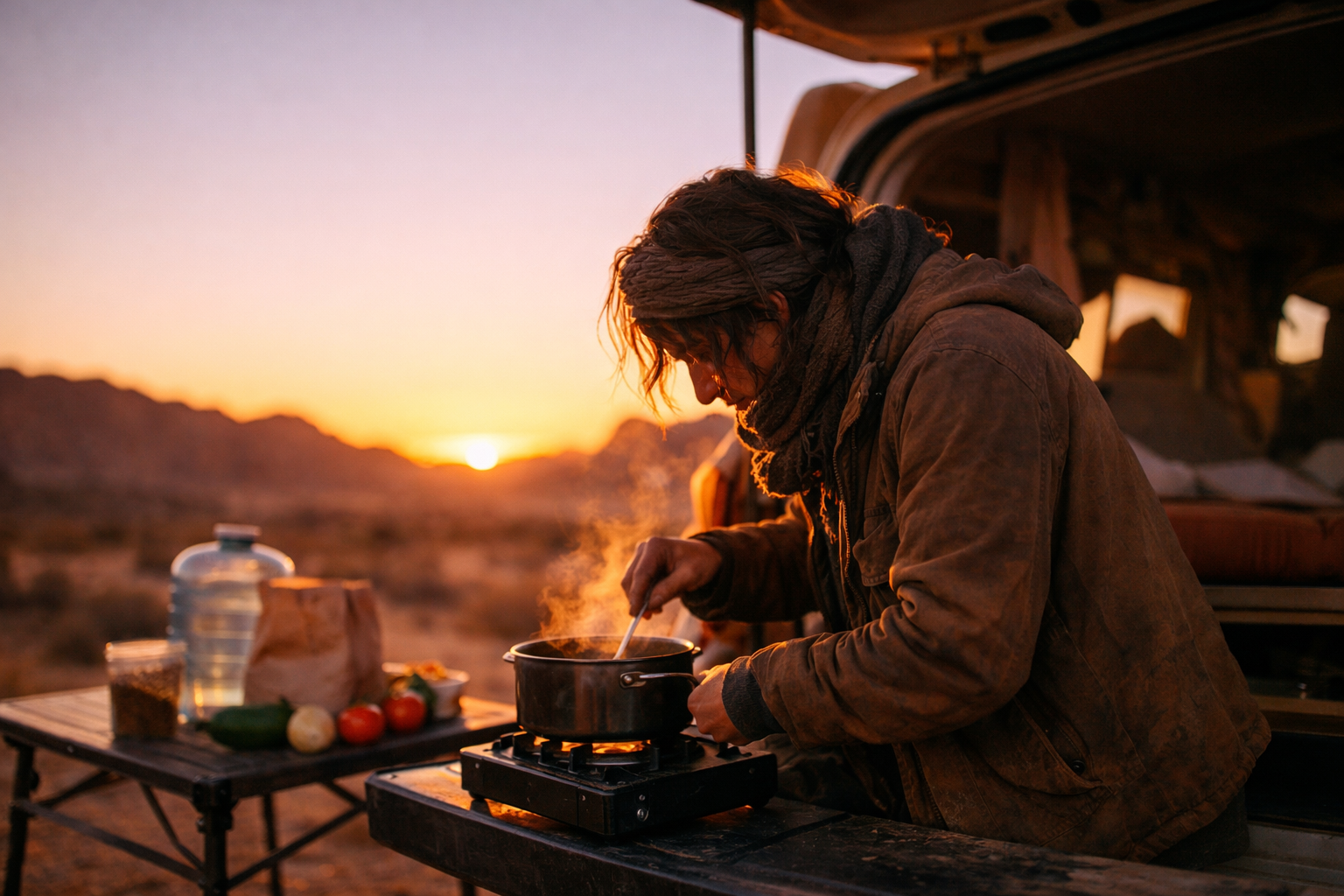 Nomad cooking a simple meal on a camp stove beside a van at sunset with desert landscape behind