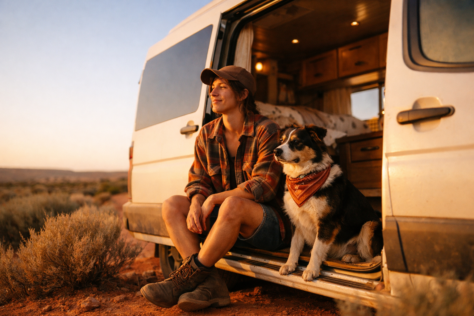 Nomad and their dog sitting in the open doorway of a camper van at golden hour
