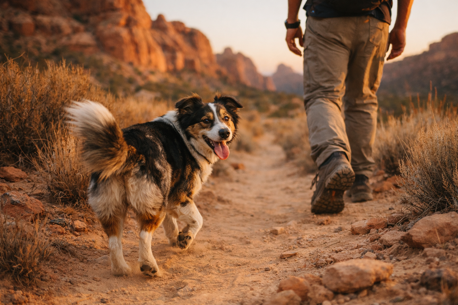 Dog hiking alongside its owner on a desert trail at sunrise