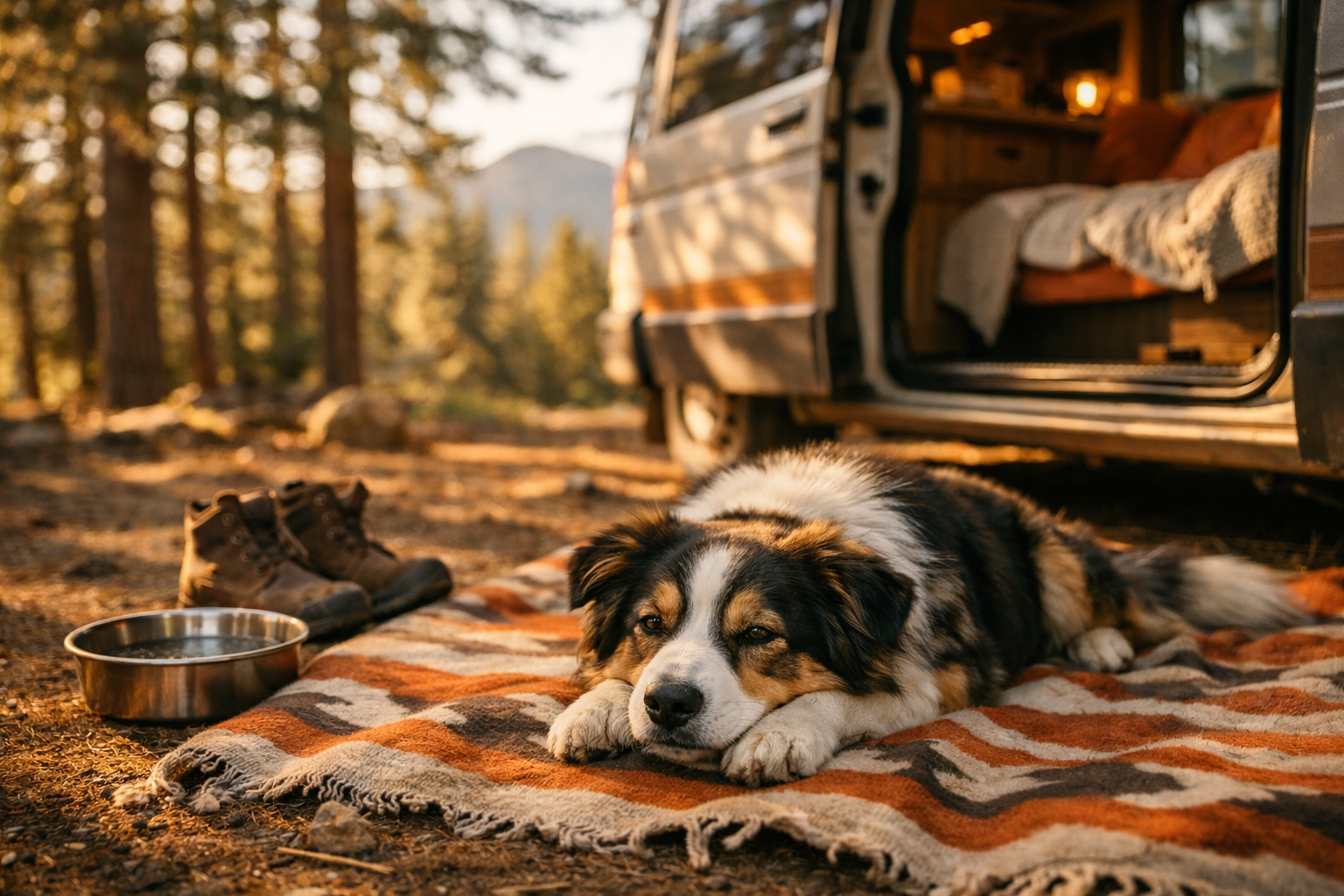Dog relaxing on a blanket outside a camper van at a wooded campsite