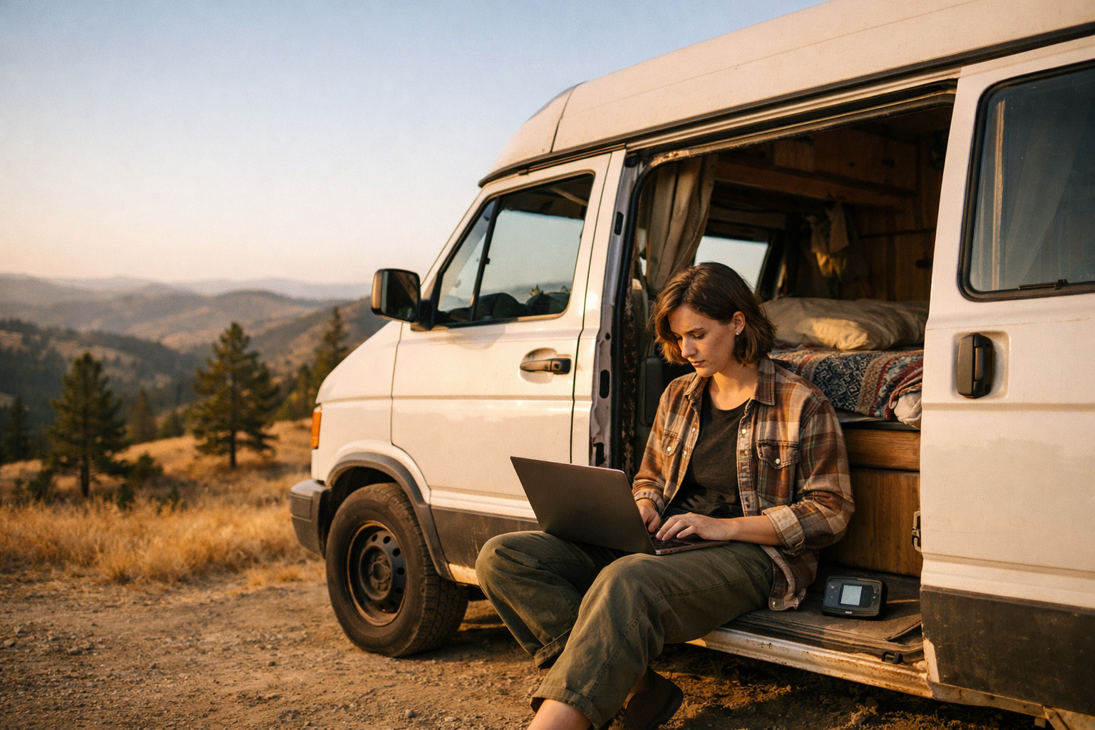 Nomad working on a laptop from the back of a van with a mountain view