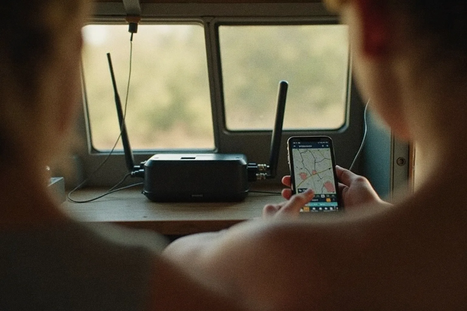 Mobile hotspot and signal booster mounted inside a van