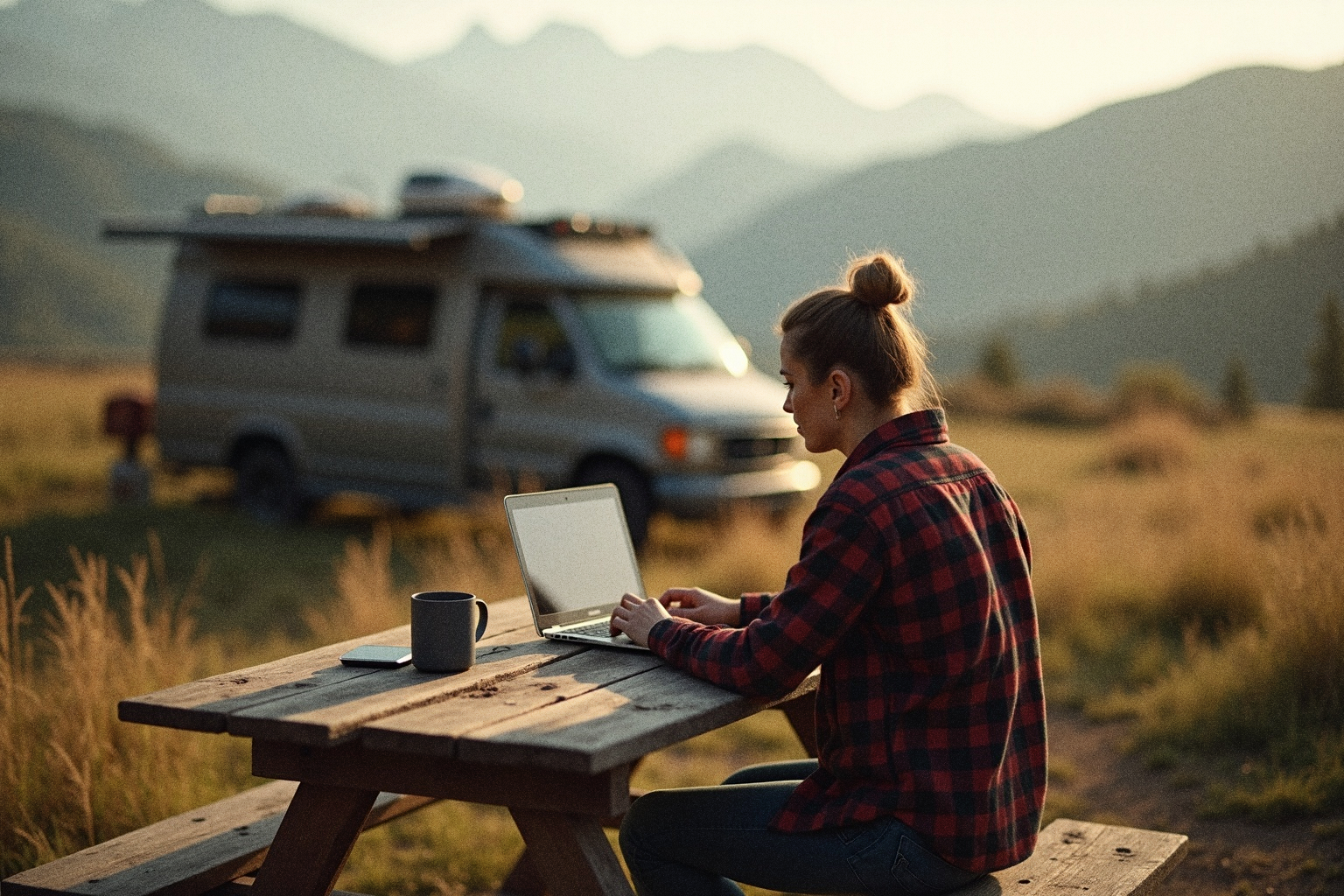 Nomad working on laptop at a picnic table with a mountain view