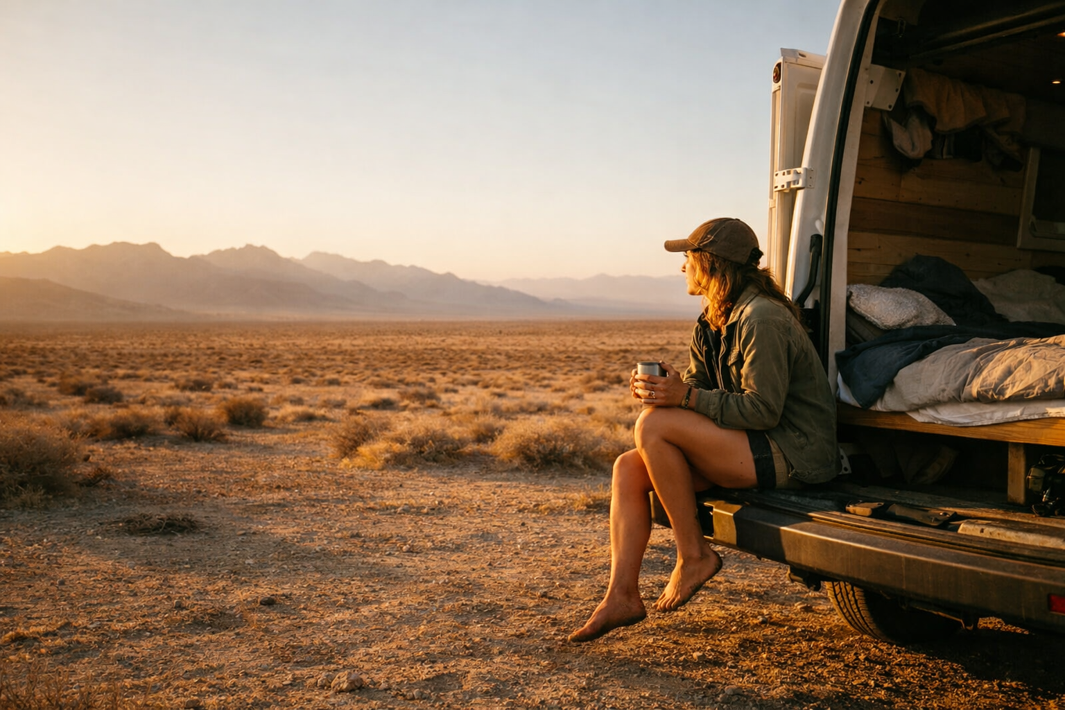 Solo van lifer watching sunset