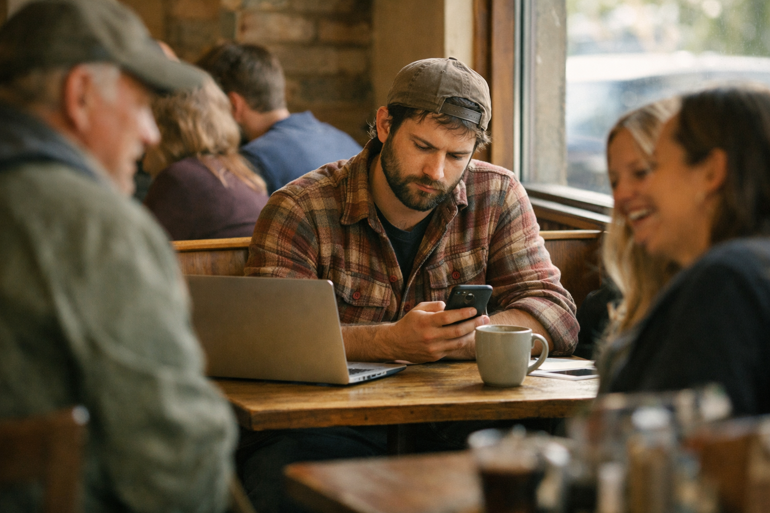 Nomad sitting alone in a busy coffee shop