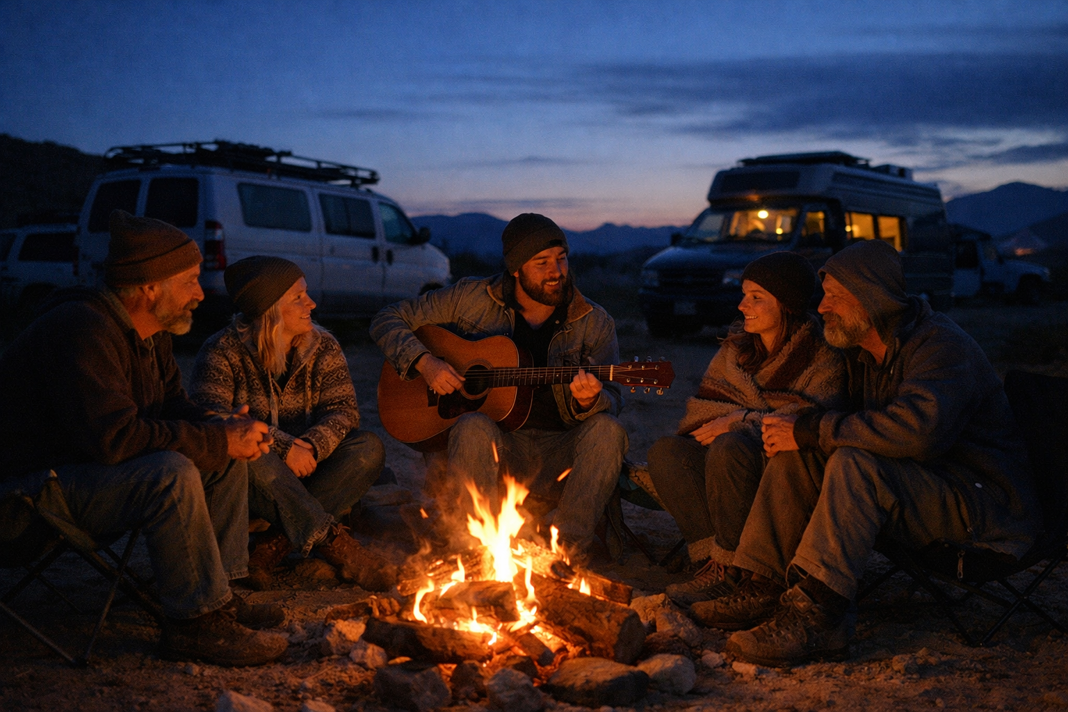 Group of nomads gathered around a campfire at dusk