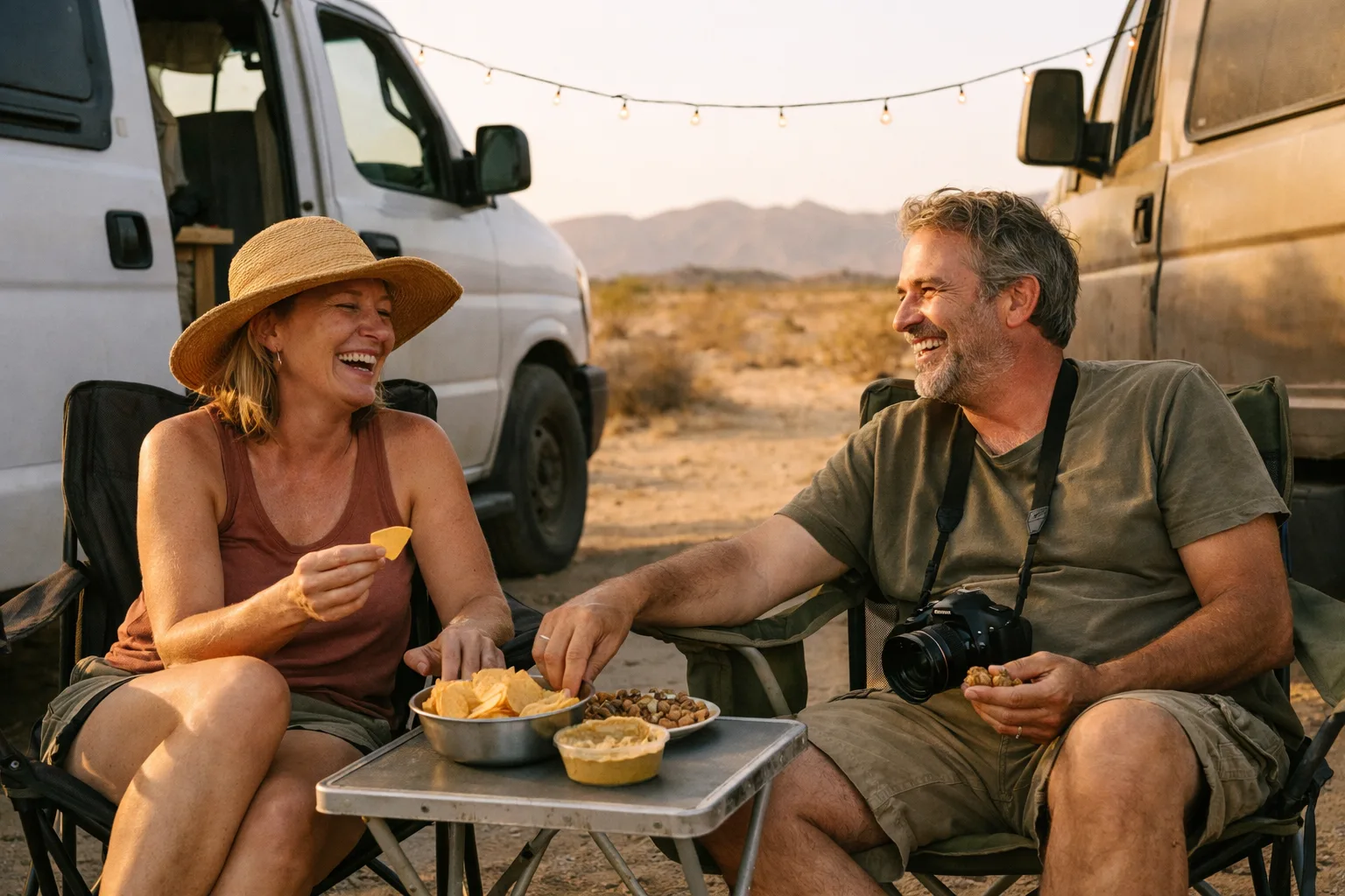 Two nomads laughing together between their vans at a desert campsite
