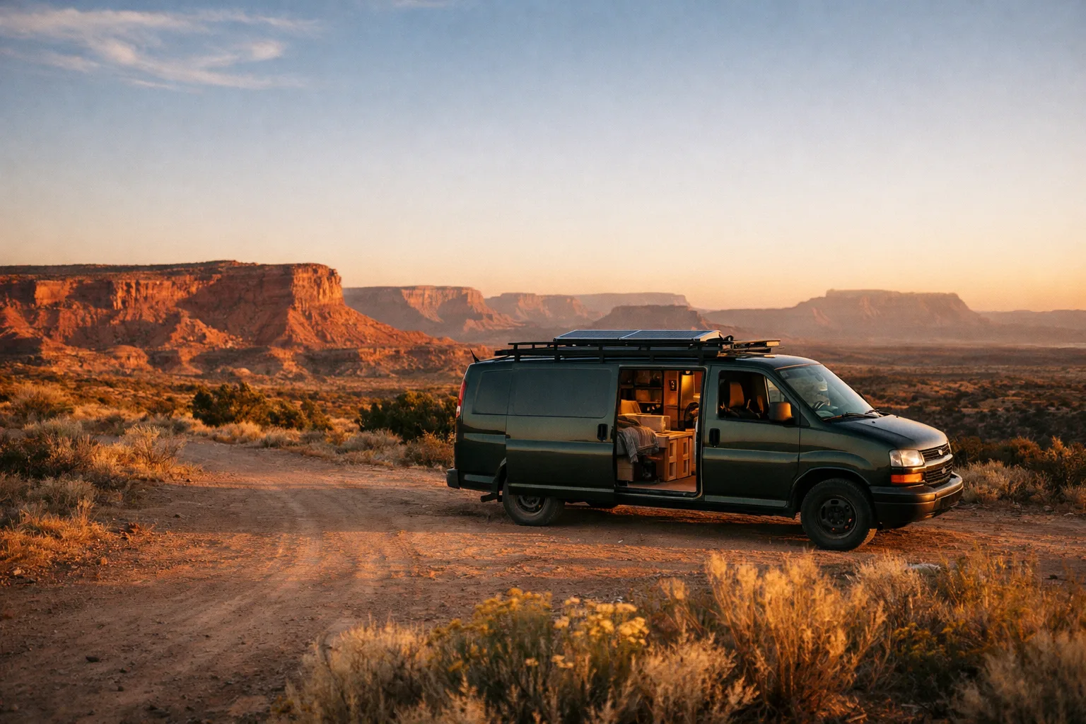 Camper van parked at a desert overlook at sunset
