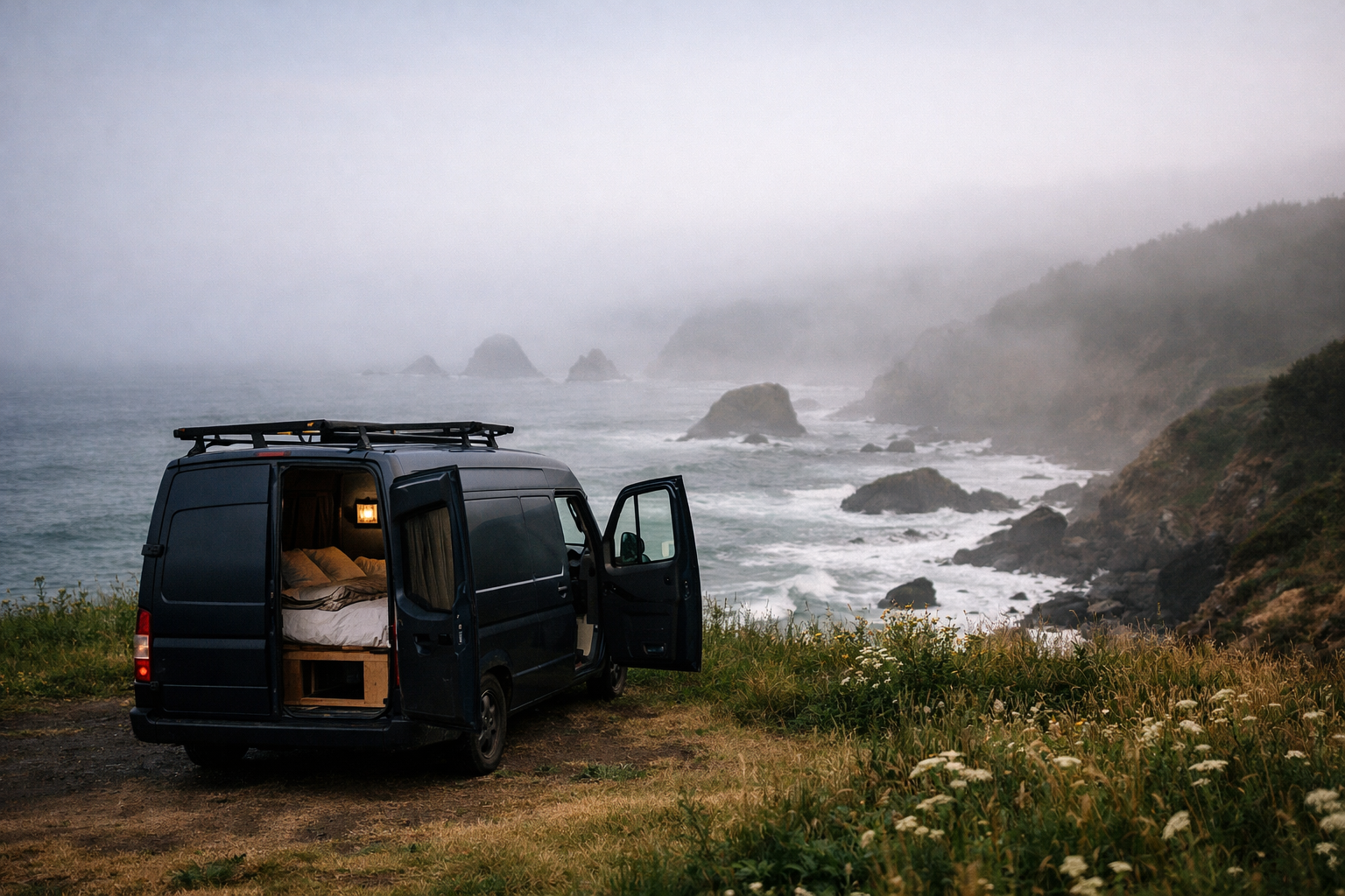 Van parked at a coastal overlook with Pacific Ocean waves and misty headlands