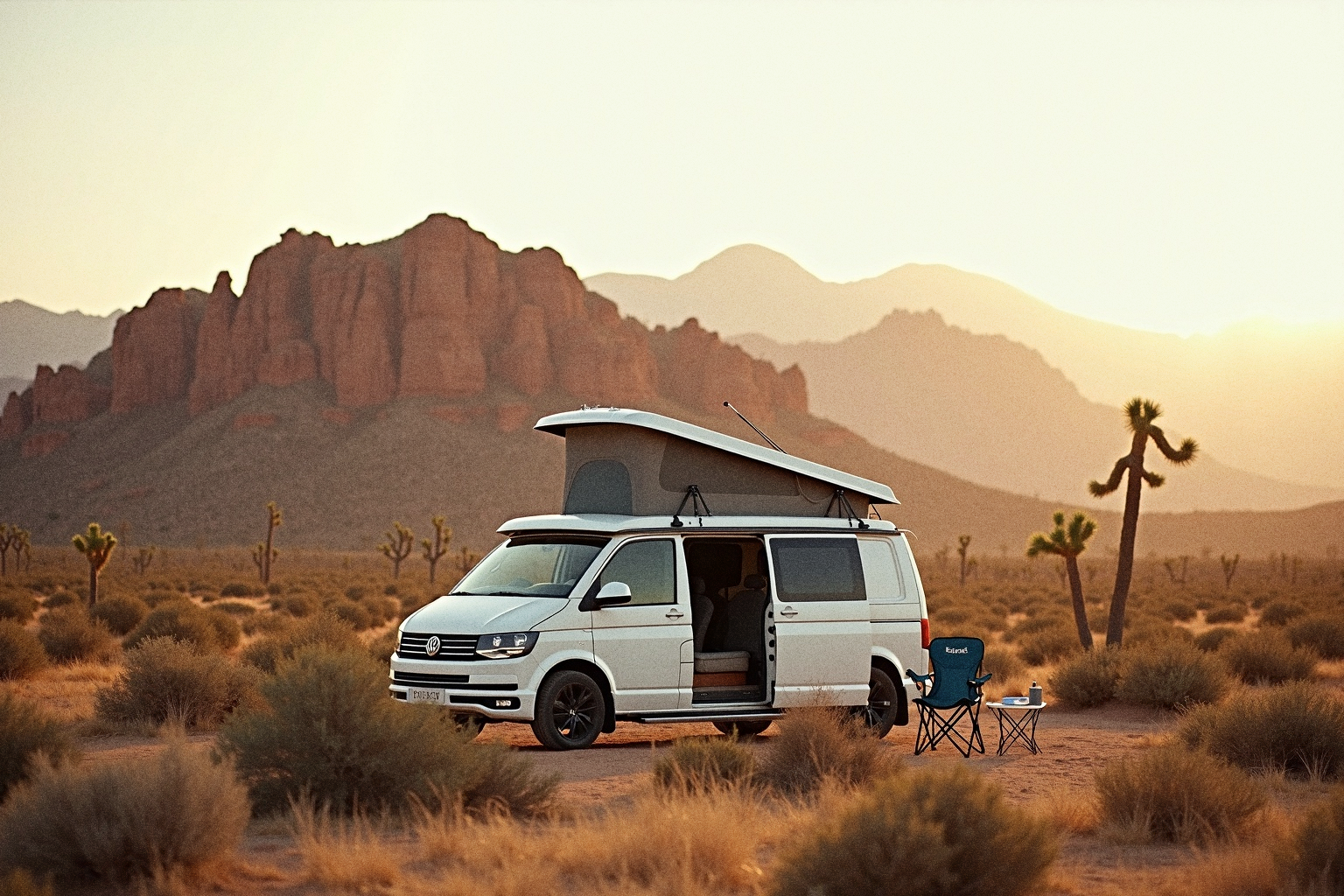 Camper van parked among desert scrub with red rock formations in the background at sunset
