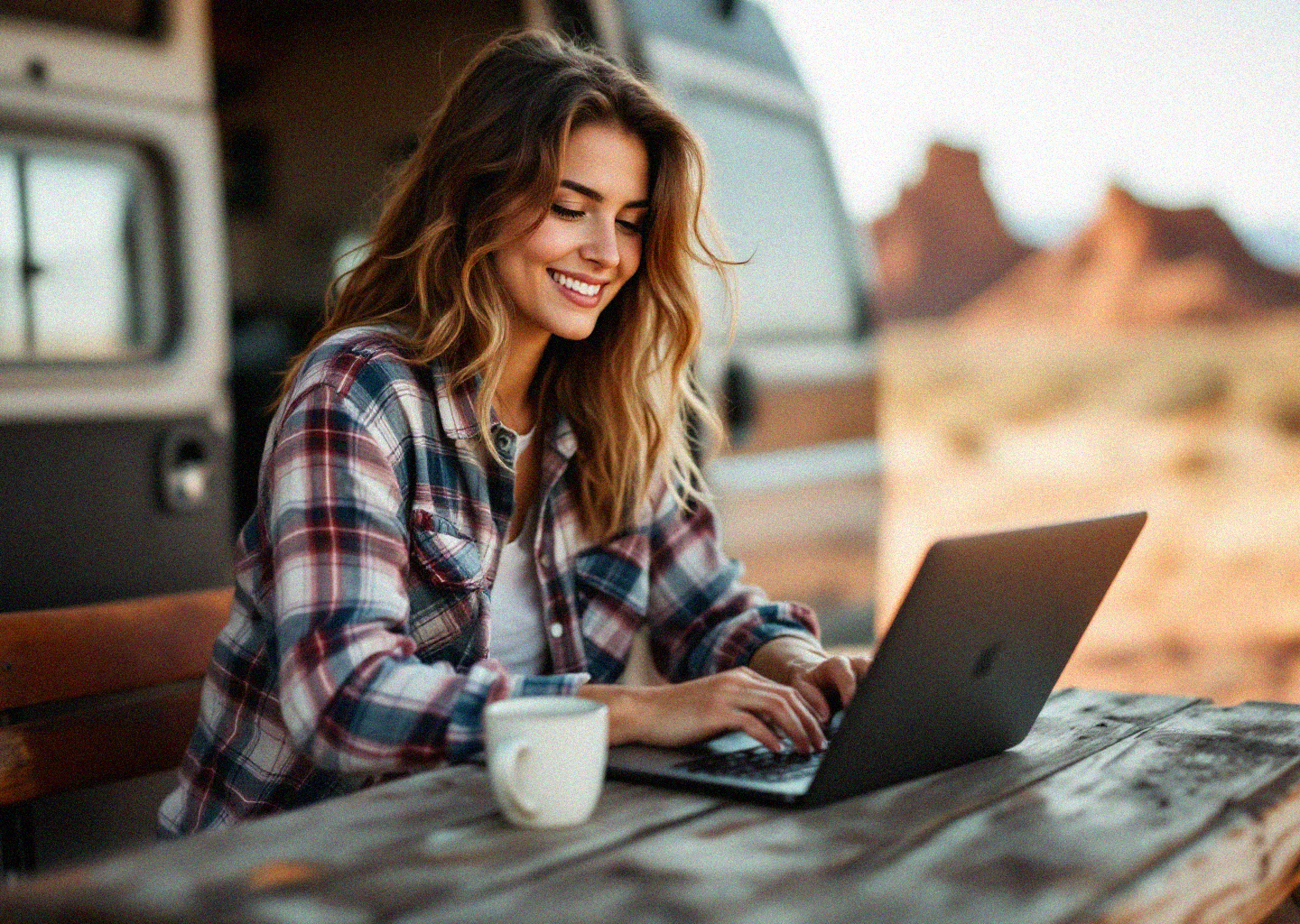 Nomad working on a laptop at a picnic table with a desert landscape behind her