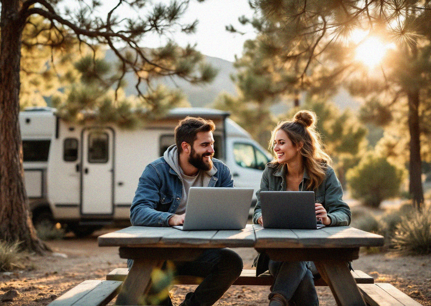 Two nomads working on laptops together at a campground picnic table