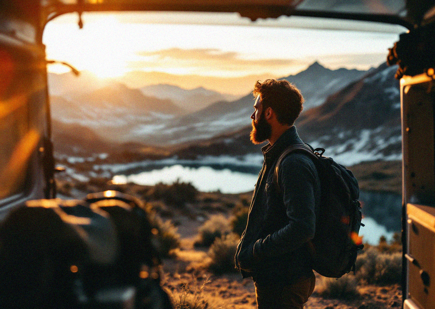 Nomad transitioning from laptop work to evening adventure at sunset