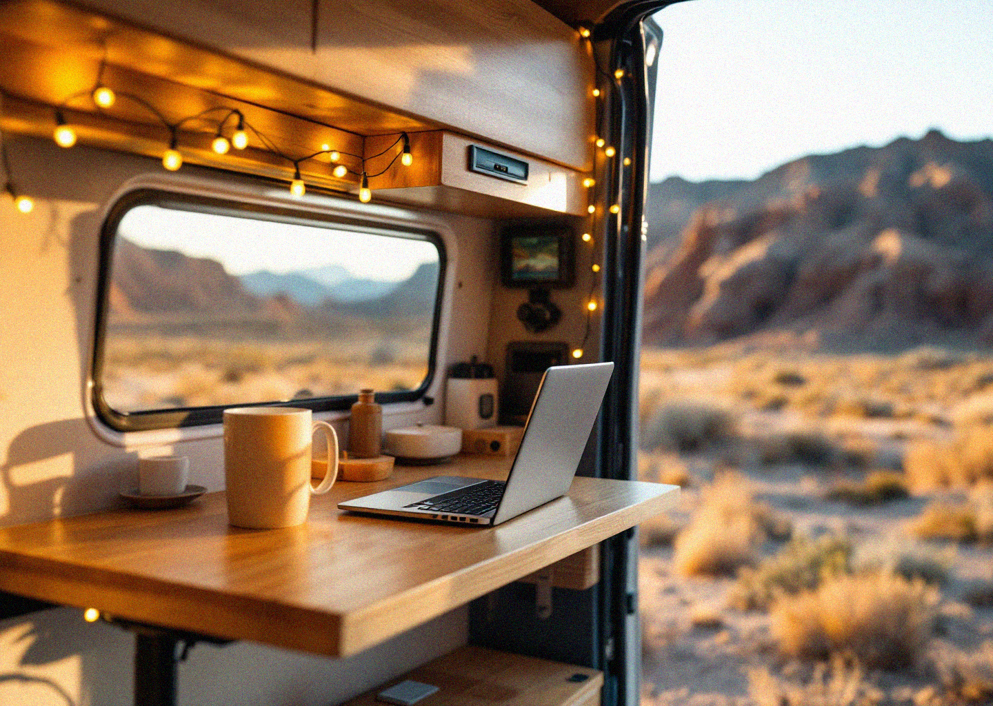 Compact remote work setup inside a converted van with laptop and small monitor