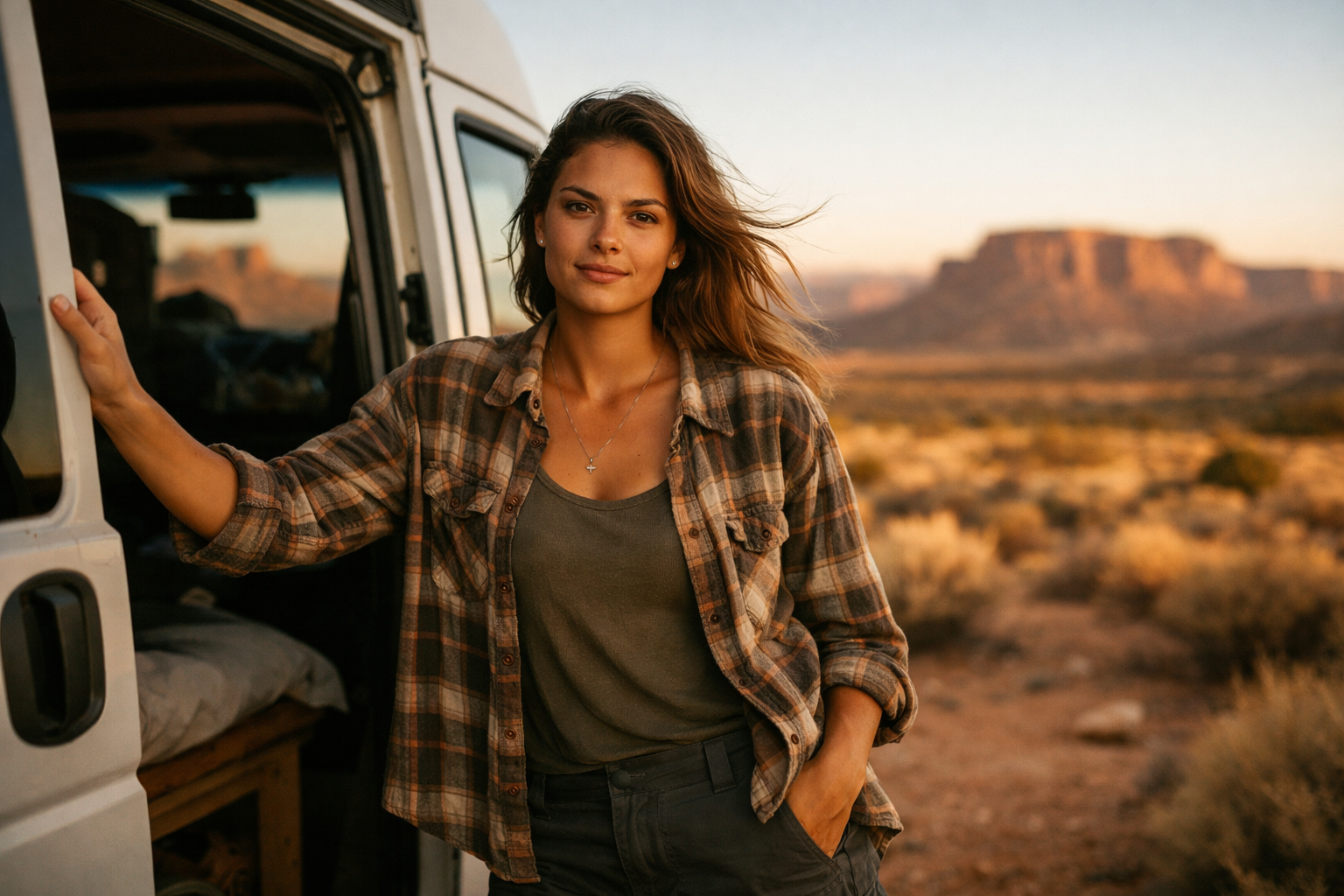 Solo female van lifer standing confidently beside her van at golden hour