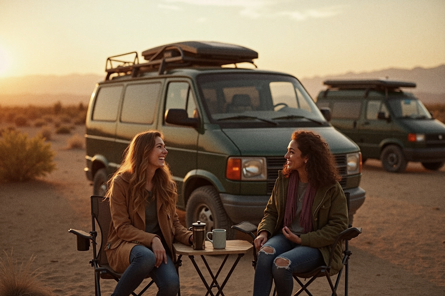 Two women laughing together at a campsite with their vans parked nearby