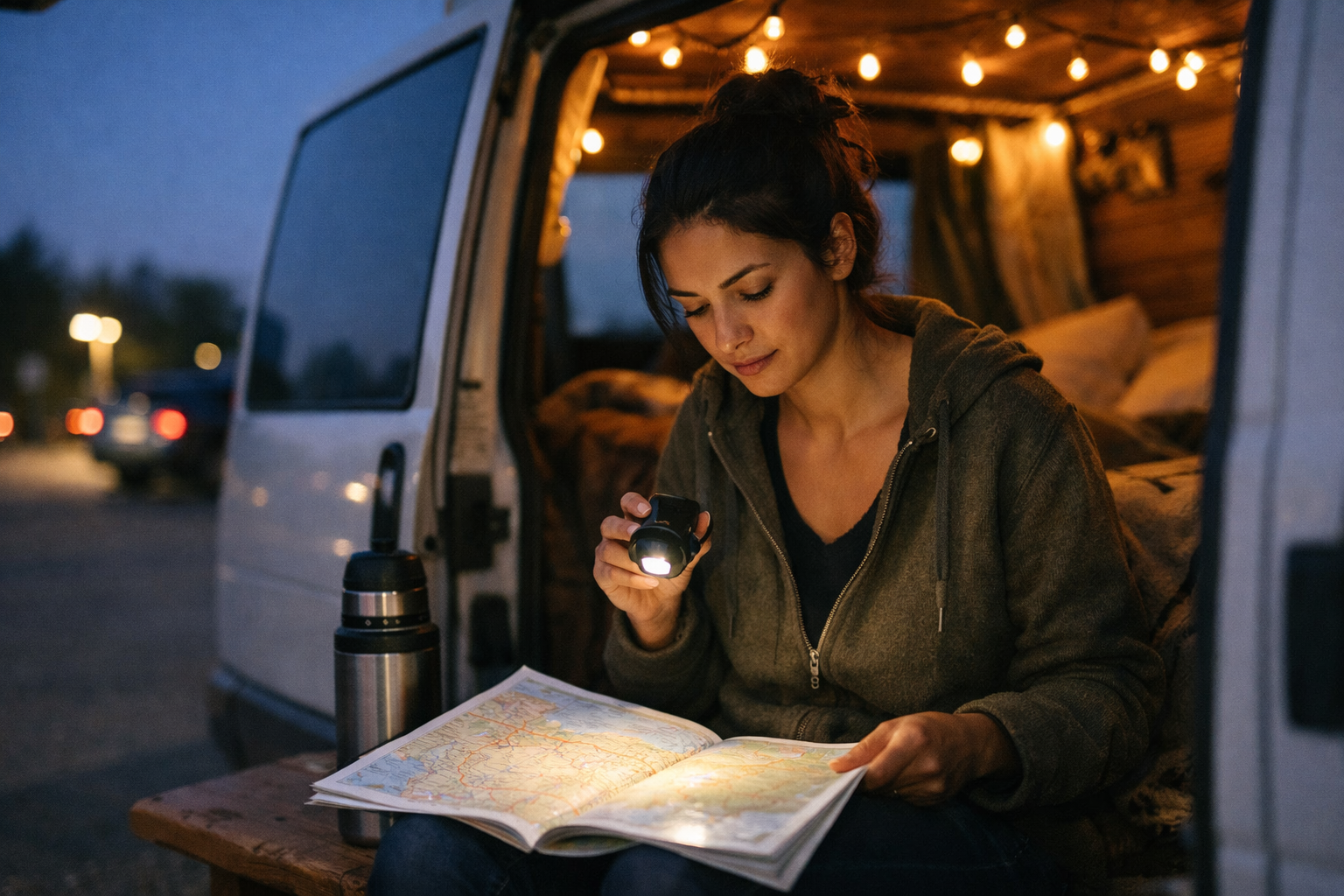 Woman checking a map on her phone beside her van in a scenic pulloff