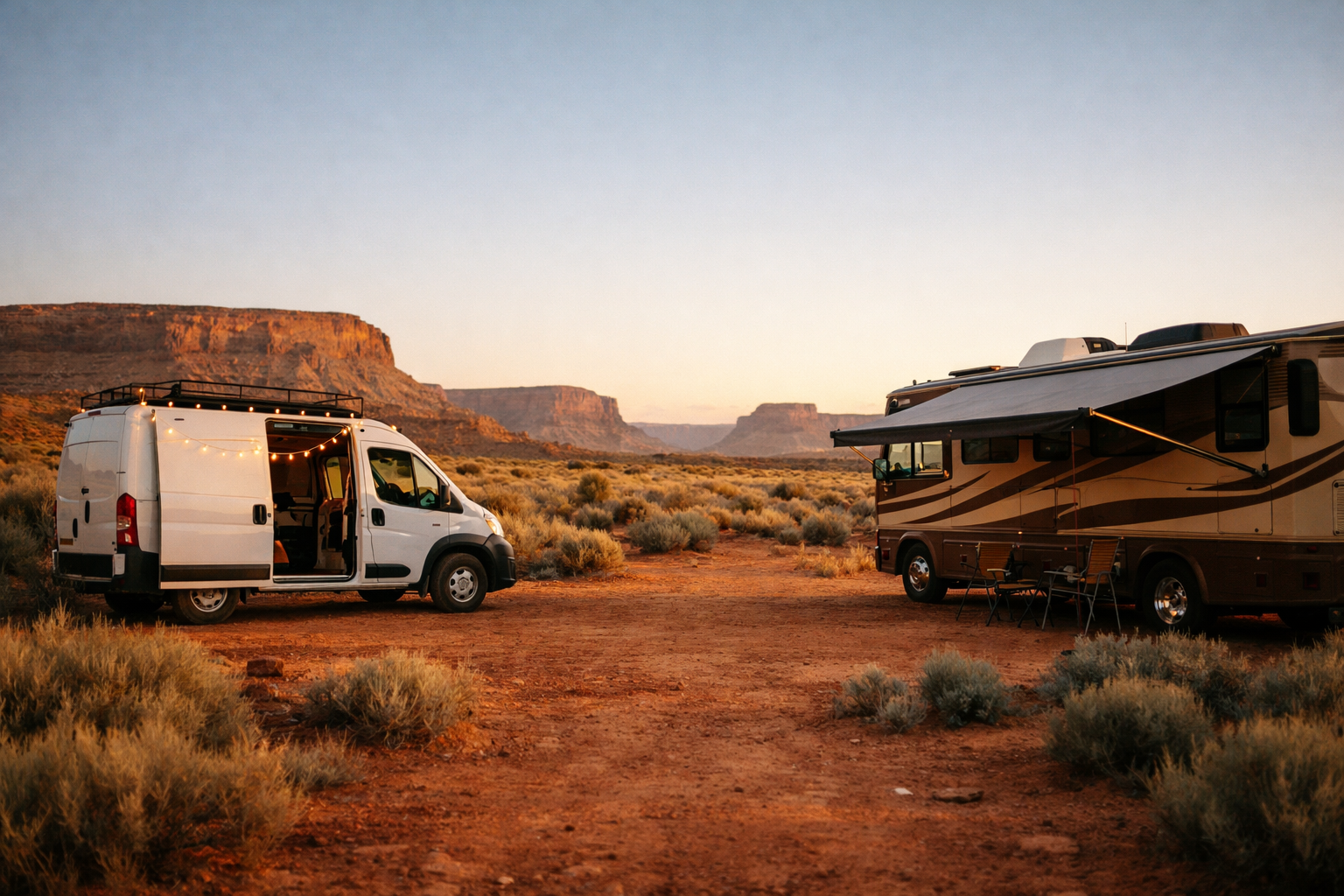 A converted van and a large motorhome parked side by side at a desert campsite during golden hour