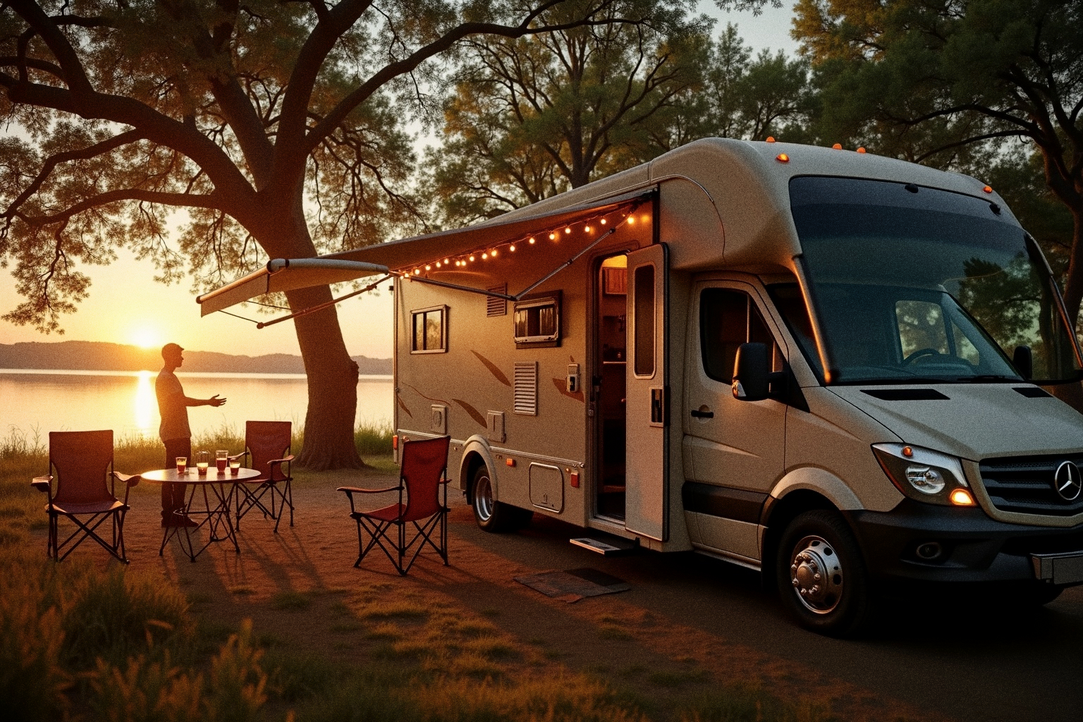 Large motorhome with an awning extended, set up at a spacious campsite with chairs and a table outside at sunset