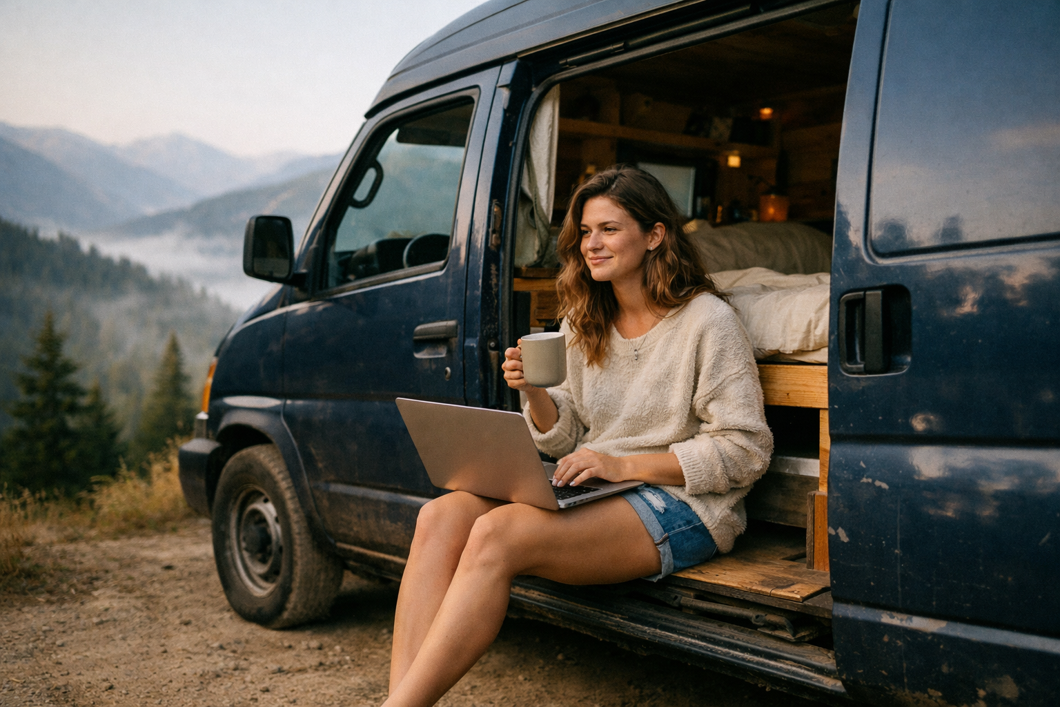 Compact converted cargo van with side doors open, parked on a dirt road in the mountains
