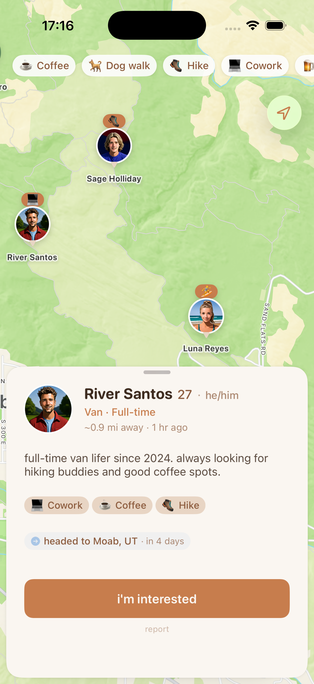 nomatch profile preview with tags, bio, and wave button