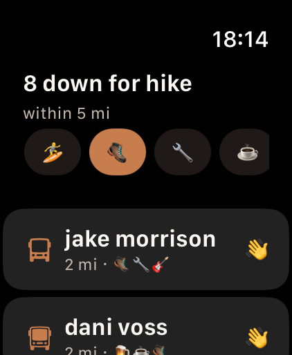 Apple Watch nearby list filtered by activity with nomad profiles