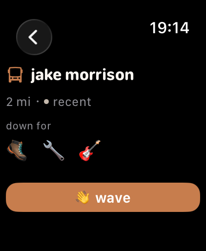 Apple Watch profile detail with wave button to express interest